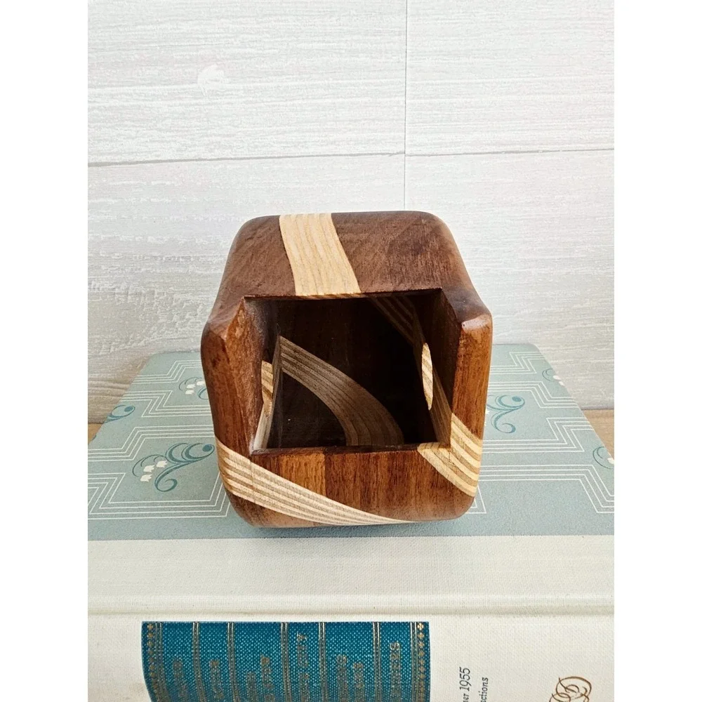 Vintage 3-Piece Bandsaw Handmade Multi-Wood Jewelry Trinket Box With Screw